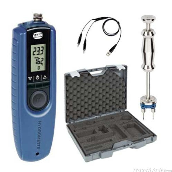 Pin resistance moisture meter with simple wood menu correction & hammer probe with hard case