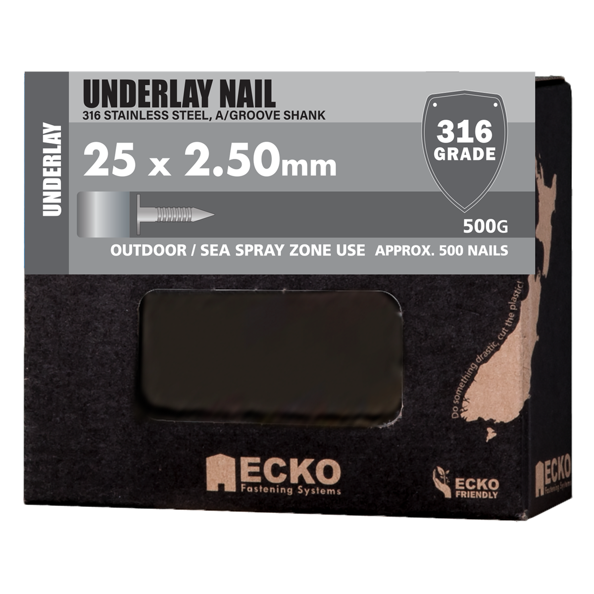 Underlay Nail SS316 A/Groove 25x2.50 (500G)